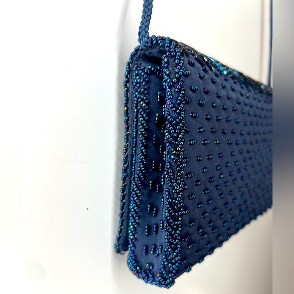 Vintage 1960s Genie Cross Body Beaded Purse Black/Navy Blue/Silver Evening Bag - Picture 11 of 16